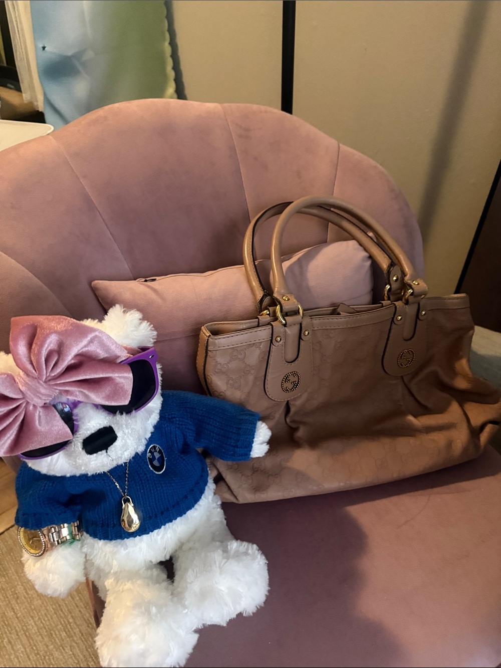Gucci Taupe Leather Canvas Tote with Double Top Handles